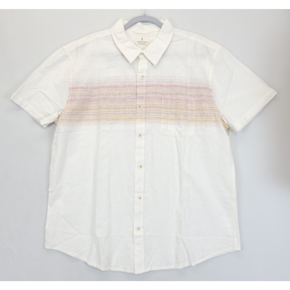 Mutual Weave Linen Blend Button Up Shirt Men XXL Short Sleeve Stripe Beige